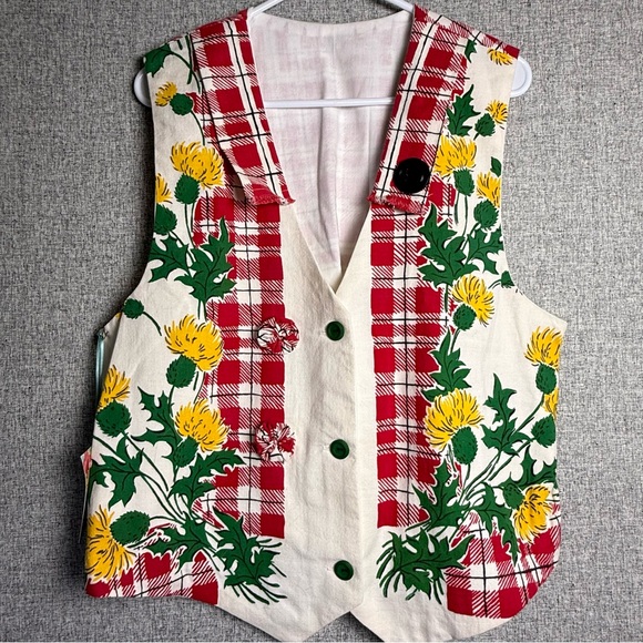 None Jackets & Blazers - Handmade Vintage Floral Plaid Red‎ Green Yellow Thistle Ugly Christmas Vest M/LG
